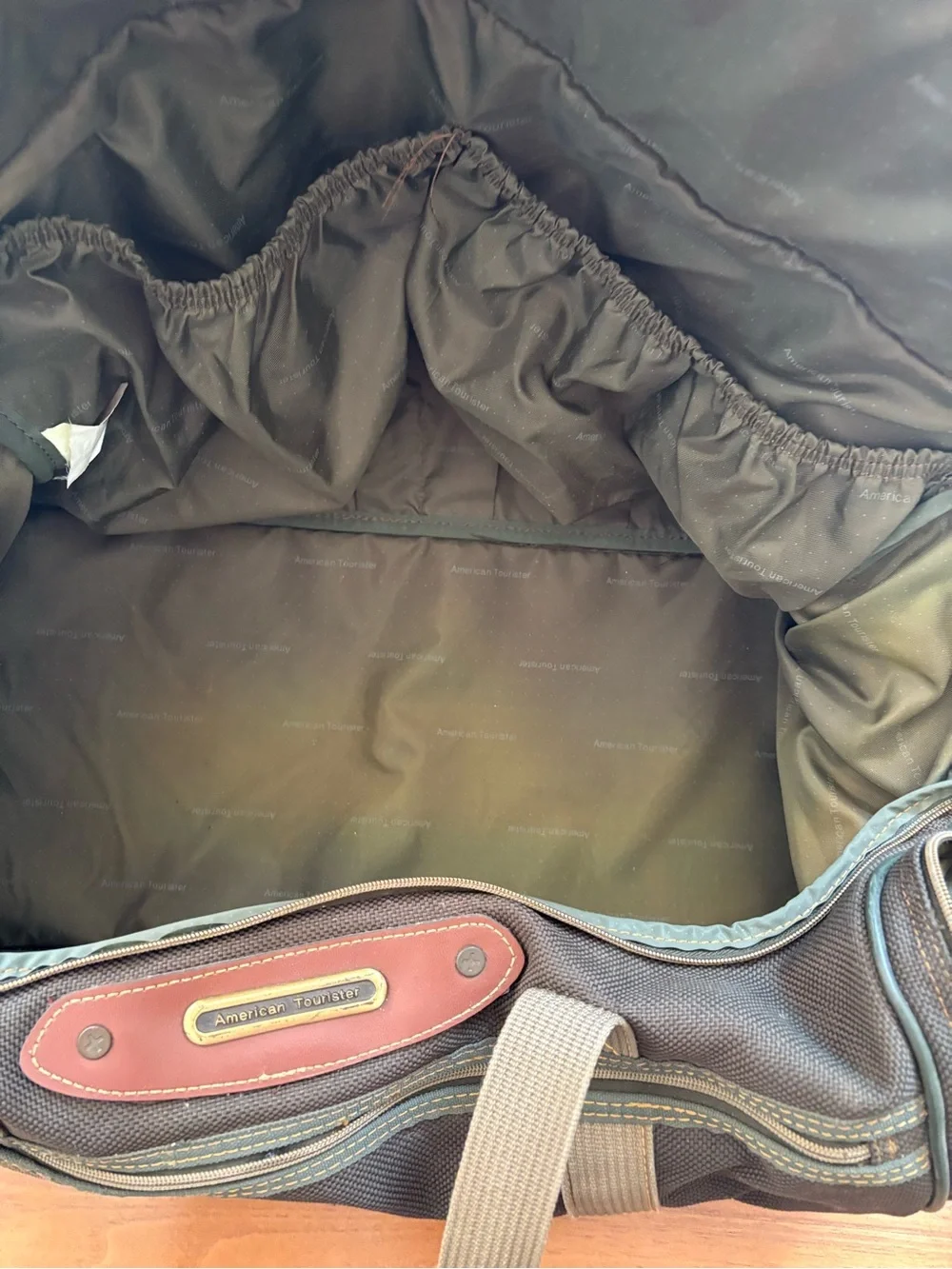 American tourist, vintage Olive Green Canvas Duffel Bag with Brown leather trim